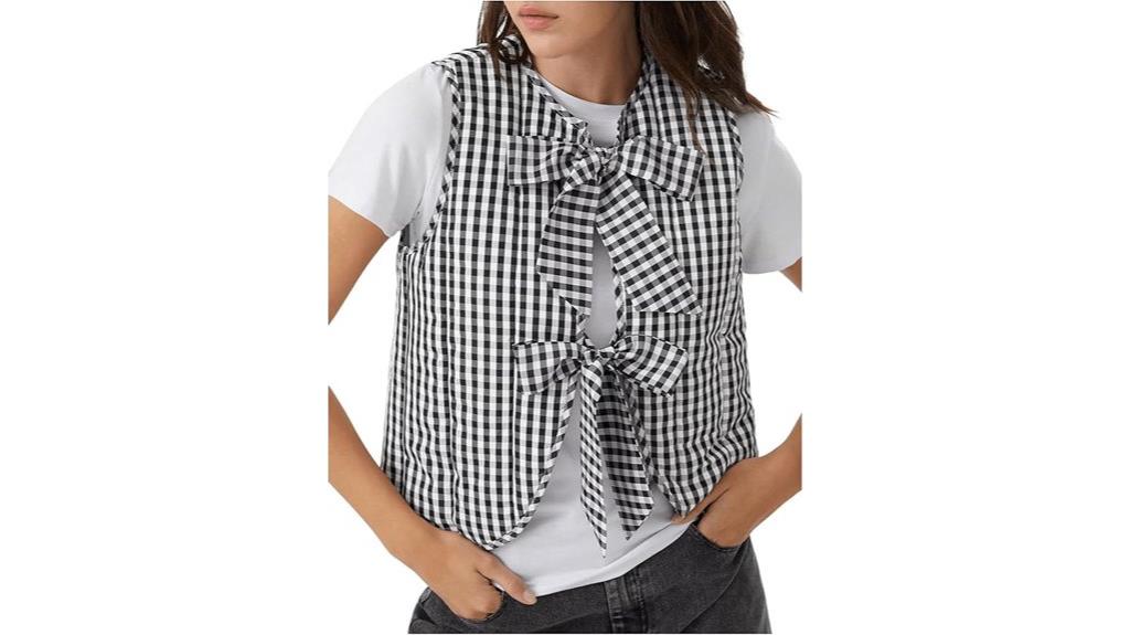 checkered sleeveless bow tie front vest